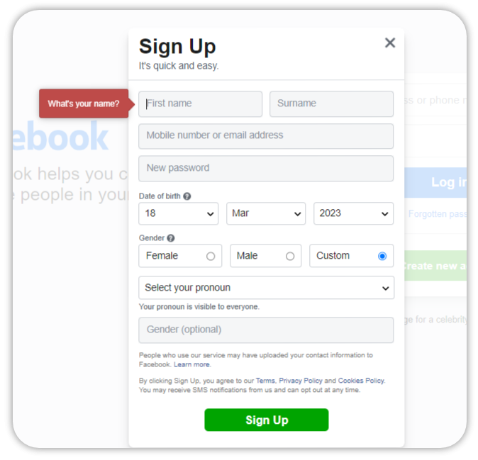 facebook signup form.