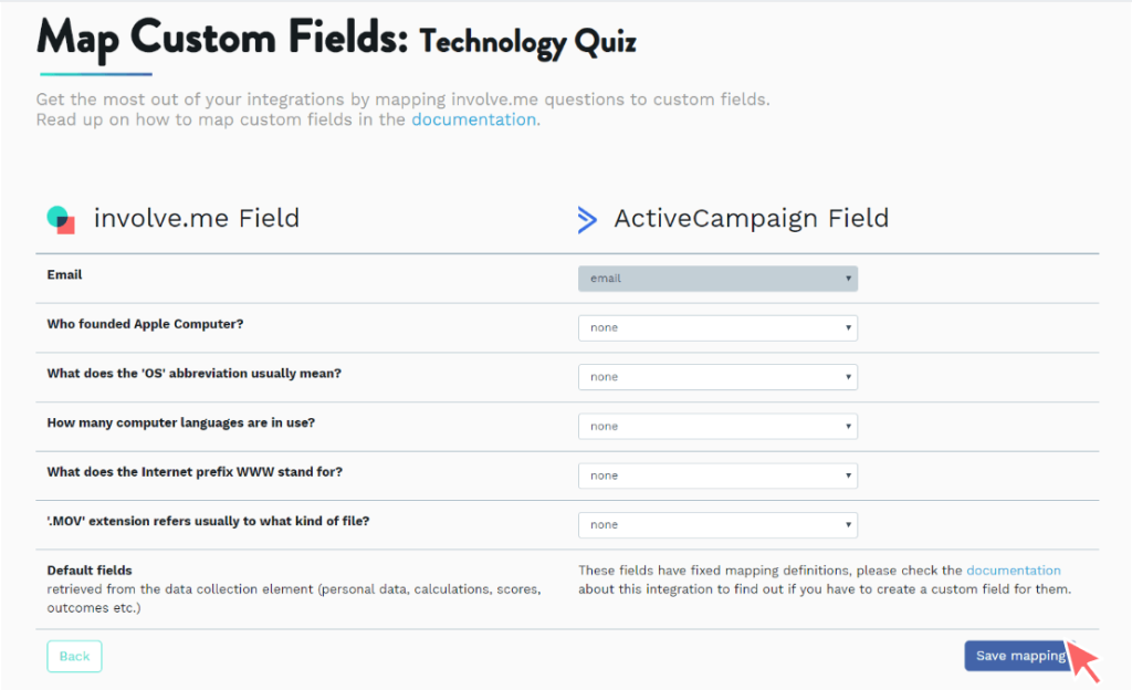 connection between involve.me and activecampaign.