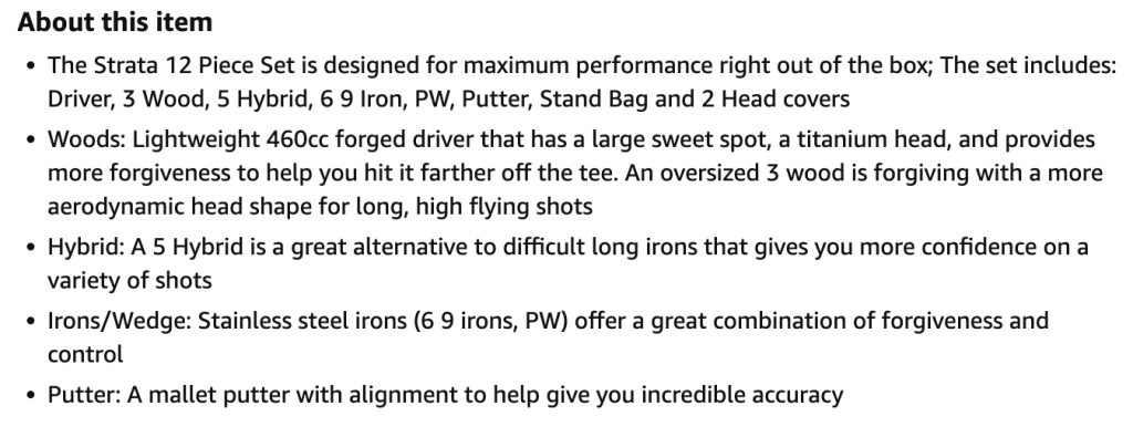 golf club product description.