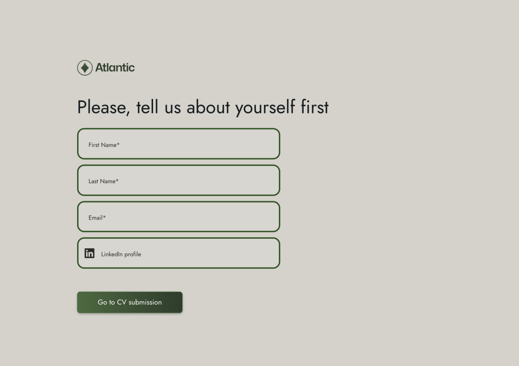 Contact form with fields for first name, last name, email and linkedin profile like. Button with text "Go to CV submission.".