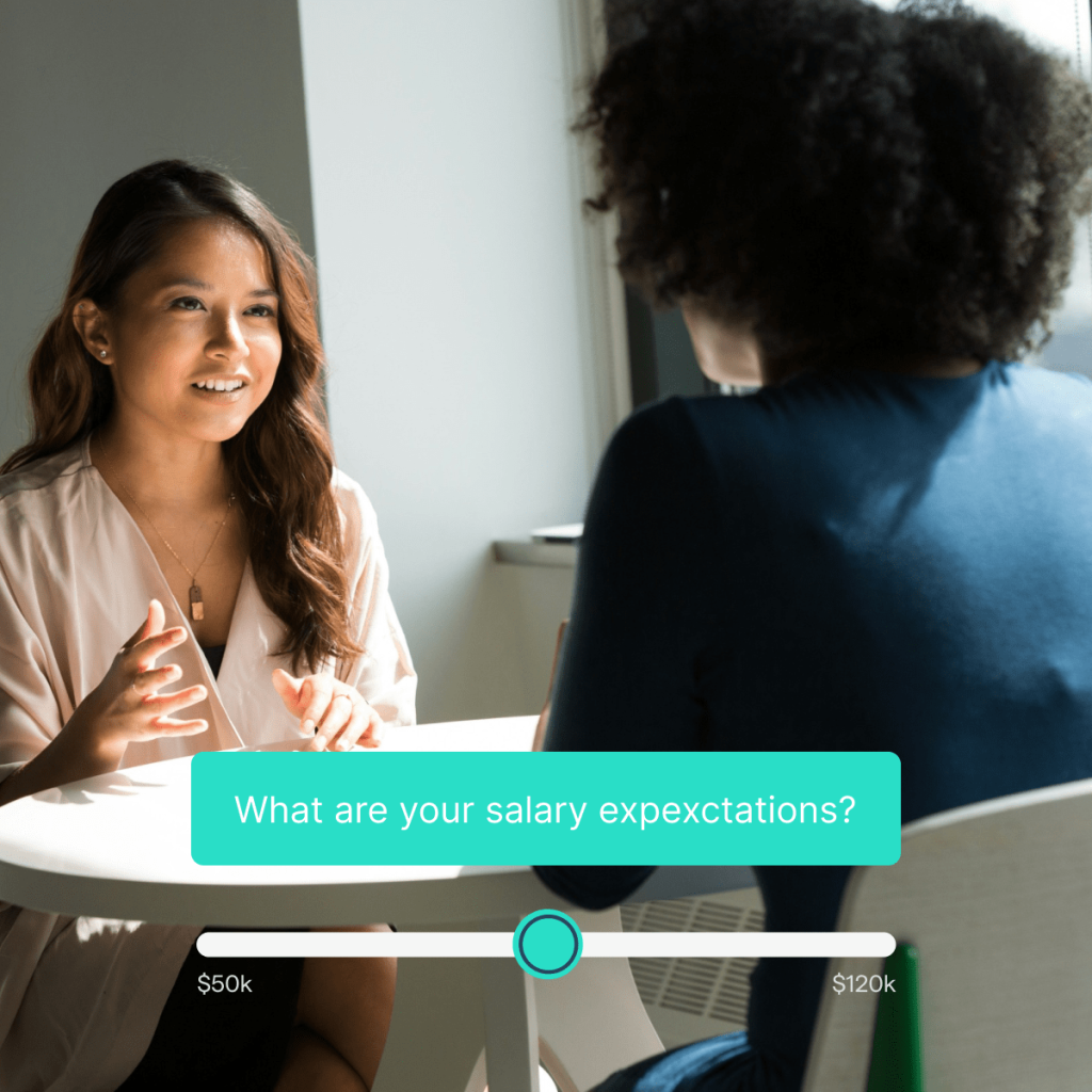 Two women sitting at a table discussing salary expectations. A slider below the text 'What are your salary expectations?' ranges from $50k to $120k.