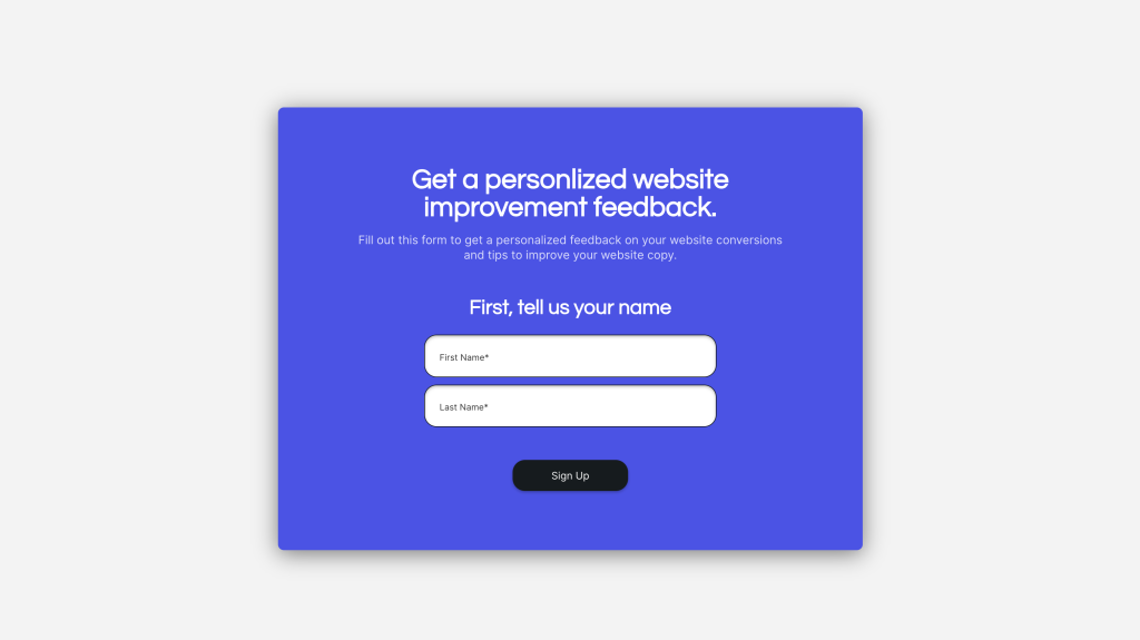 Form on a blue background titled 'Get a personalized website improvement feedback' with fields for first name and last name, followed by a 'Sign Up' button.