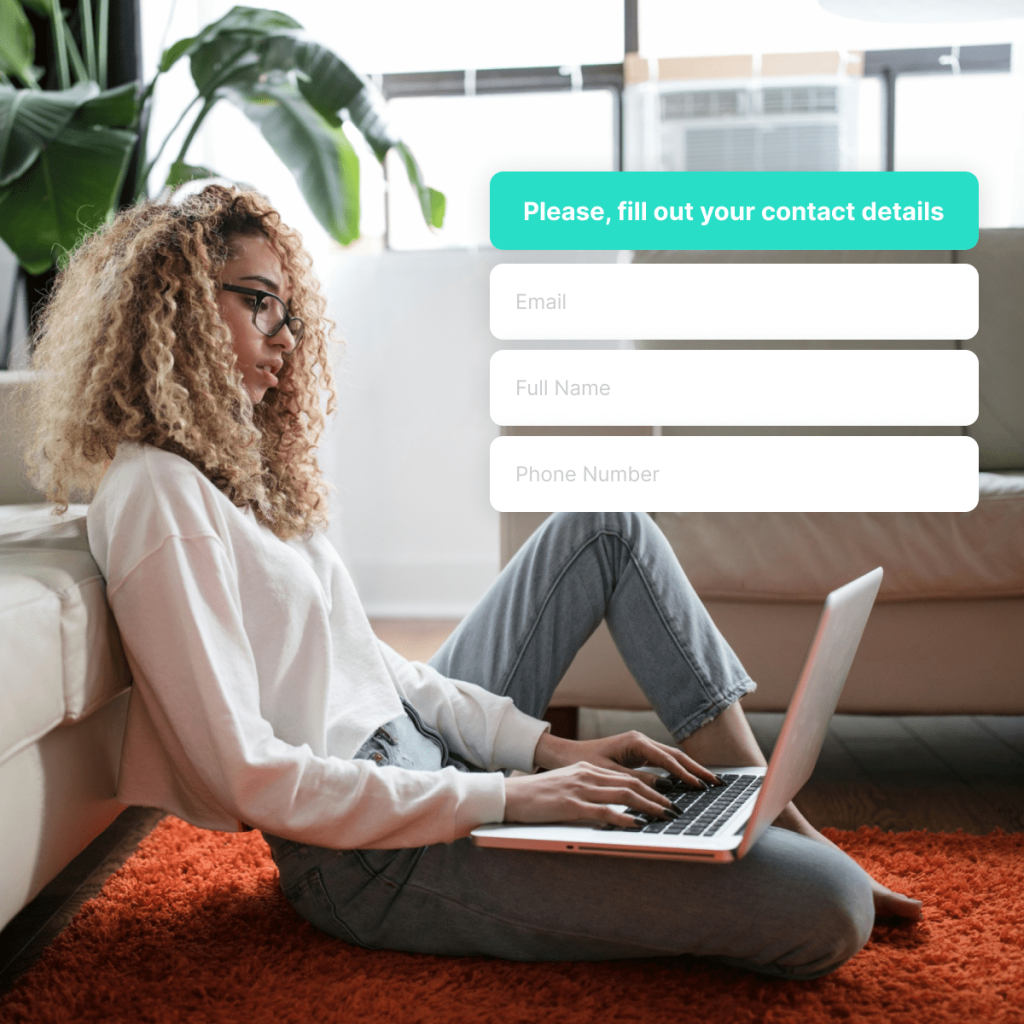 Young woman with curly hair and glasses sitting on the floor with a laptop, next to a form asking for contact details including email, full name, and phone number.