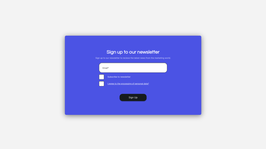 Newsletter signup form on a blue background titled 'Sign up to our newsletter' with a field for email, checkboxes for subscribing to the newsletter and agreeing to personal data processing, followed by a 'Sign Up' button.