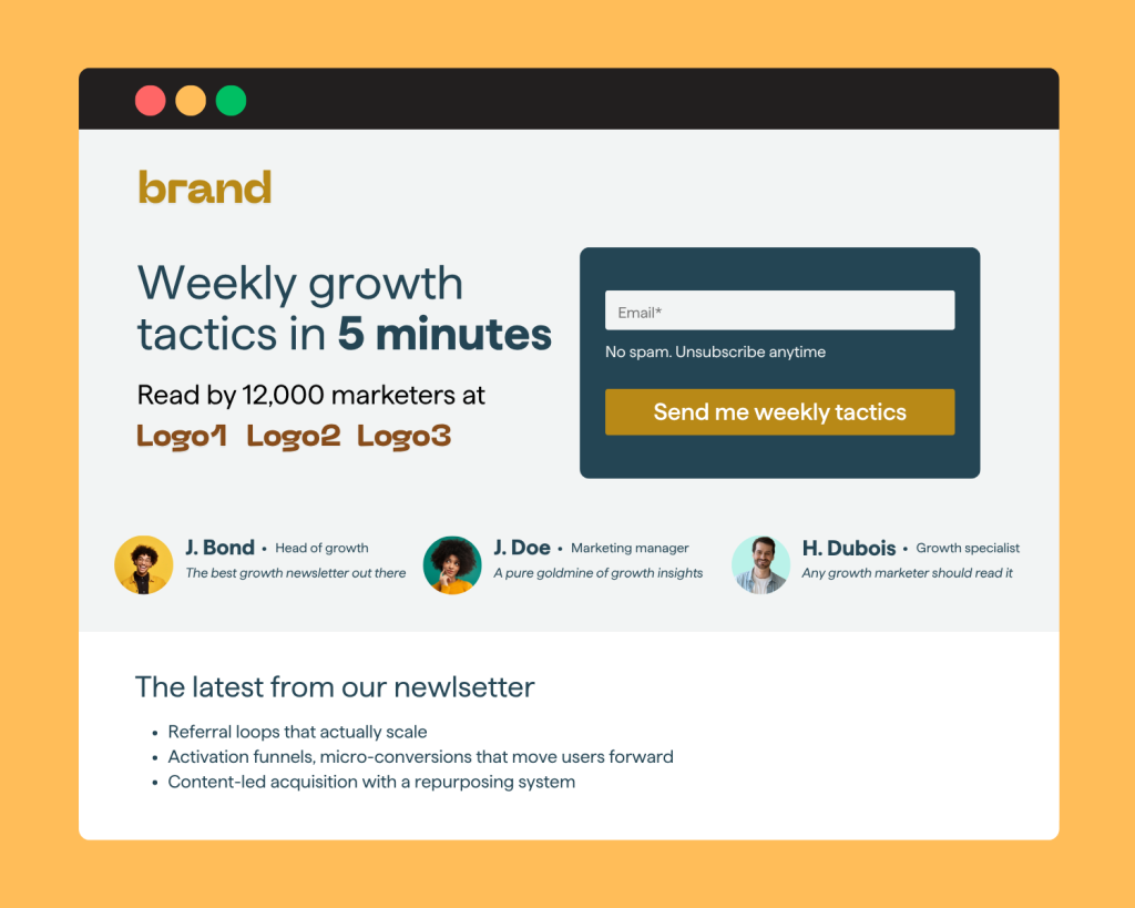 Newsletter sign-up landing page example.