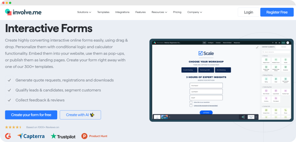 involve.me’s interactive forms feature, showing a customizable form builder with drag-and-drop options and logic-based functionalities.