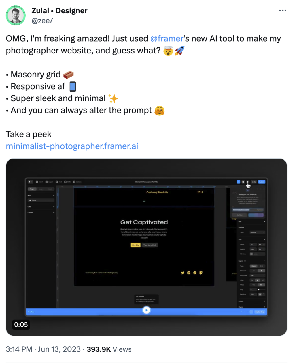 tweet on Framer AI.