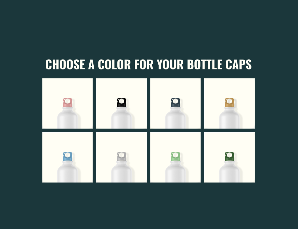 Selection screen in an order form titled 'Choose a color for your bottle caps' displaying eight water bottles with different colored caps: pink, black, gold, blue, white, green, and two more variations.