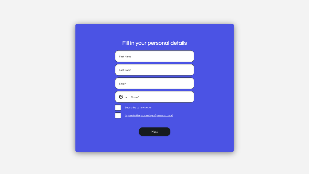 Form on a blue background titled 'Fill in your personal details' with fields for first name, last name, email, and phone, and checkboxes for subscribing to the newsletter and agreeing to personal data processing, followed by a 'Next' button.