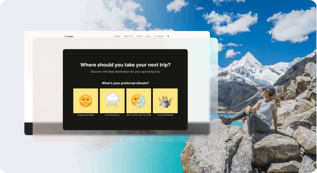 Interactive quiz asking for a preferred climate in the next destination.