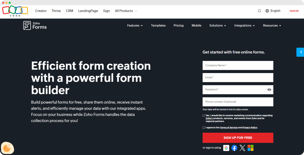 Zoho Forms homepage.
